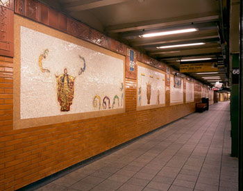 Nancy Spero, <i>Artemis, Acrobats, Divas, and Dancers</i>, 2005. Glass and ceramic mosaic murals. Located at 66th Street-Lincoln Center subway station. Public commission for the MTA Arts for Transit.