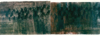 Nancy Spero, <i>Mourning Women</i>, 2000 (detail). 4 panels of handprinting and printed collage on paper. Panel 3: 25-1/2 x 76-3/4 inches (64.8 x 194.9 cm).
