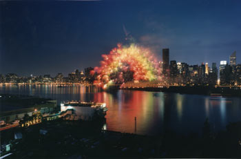 Cai Guo-Qiang, Transient Rainbow, 2002. August 29, 2002, 9:30 pm, 15 seconds. Explosion radius approximately 200 m. 1000 Three-inch multicolor peony fireworks fitted with computer chips. Commissioned by The Museum of Modern Art, New York, USA. Photo by Hiro Ihara, courtesy Cai Studio.