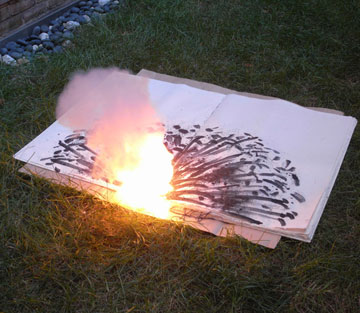 Cai Guo-Qiang, “Danger Book: Suicide Fireworks”, flammable and adhesive substances and gunpowder, 2008. Courtesy Ivory Press.