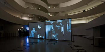 Douglas Gordon, 24 hour psycho back and forth and to and fro, 2008. Video installation with two screens and two video projections, 24-hour loop, Courtesy the artist. Installation view, Solomon R. Guggenheim Museum, New York, 2008. © The Solomon R. Guggenheim Foundation, New York. Photo: Kristopher McKay