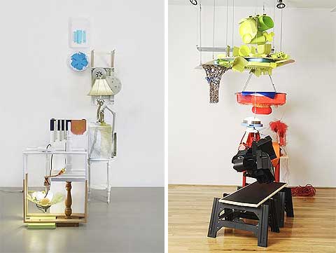 Jessica Stockholder. Left: 2006 (inv. #427), PLastic lids, plastic parts, hardware, brackets, lamps, paper mache, paint, extension cords, plastic ball, dishwashing scrubby; 104 x 47 x 63 inches. Right: 2006 (inv. #435), Plastic parts, cushion, fabric, wood, cable, shelf, yarn, electric cord, tulle, light fixture, paint; 114 x 108 x 84 inches. Courtesy the artist and Mitchell-Innes & Nash, New York.