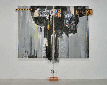 Larry Walker, "Listen to da Beat," 2008. Mixed materials on birch ply, 72 x 98 inches.