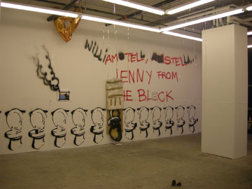 Art21's own Trong Gia Nguyen! Intervention with divinity, toilets, graffiti, and beer, 2009. Courtesy Exhibition.