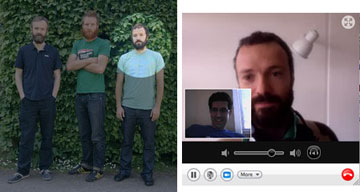 Left, Photo of Superflex by Nikolai Howalt (via superflex.net), Right, My Skype Conversation with Bjørnstjerne Christiansen