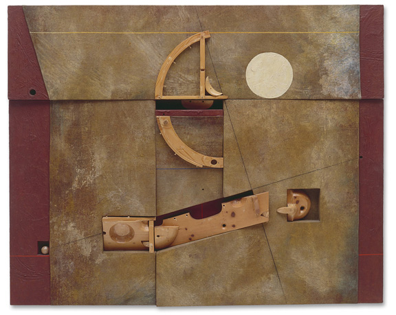 Marcelo Bonevardi, "The Supreme Astrolabe," 1973. Acrylic on stitched linen and wood construction with textured substrate, polished wood assemblage and carvings, 70.25” x 87”. Guggenheim Museum, New York. Gift The Dorothy Beskind Foundation, 1973.