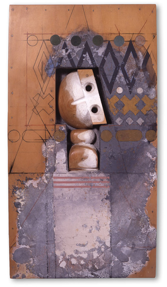 Marcelo Bonevardi, "Study for Head," 1993. Charcoal pastel and acrylic on pigmented stucco over wood construction polished wood carving, 24.75” x 13.5”. Private collection.