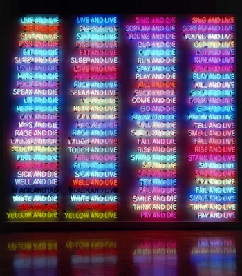 Bruce Nauman, "One Hundred Live and Die", 1984. Neon tubing mounted on four metal monoliths. Collection of Fukake Publishing Co., Ltd., Naoshima Contemporary Art Museum, Kagawa, Japan Courtesy Sperone Westwater, New York, © Bruce Nauman/Artists Rights Society (ARS), New York.