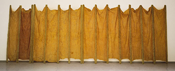 Eva Hesse, "Expanded Expansion," 1969. Reinforced fiberglass poles and rubberized cheesecloth. Overall: 122 x 300 inches; Three units of three, five, and eight poles, respectively: 122 x 60 inches; 122 x 120 inches; 122 x 180 inches. Solomon R. Guggenheim Museum, Gift, Family of Eva Hesse, 1975. 75.2138.