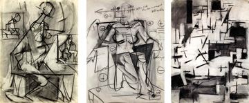 Works featured in PAAM's drawings of Hoffmann students show, including (left to right): Lillian Orlowsky, untitled figure drawing (late 1930s), courtesy Acme Fine Art; Blanche Lazzell, untitled drawing with Hofmann annotations (1937), courtesy West Virginia University Art Collection; Myrna Harrison, "Hofmann Class Nude II" (c.1953-54), courtesy Acme Fine Art.
