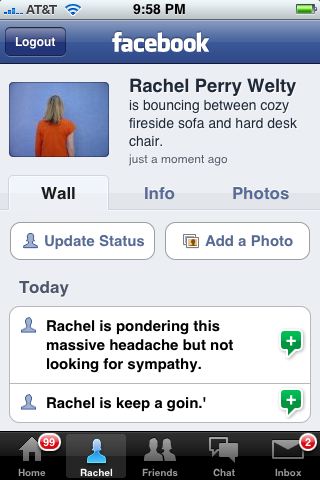 Screenshot from "Rachel is" (Facebook status via iPhone), performed March 11, 2009. Online performance documented by a 551-photograph slideshow of mobile update screen captures from an iPhone. 27 minutes 55 seconds set to loop continuously.