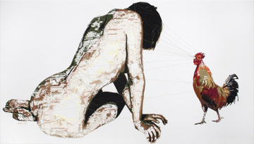 Alicia Ross, Motherboard_6 (A Chicken Waits for a Good Cock), cross-stitch on cotton, 72 x 41, 2008 Courtesy of the artist