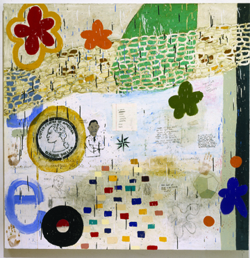Squeak Carnwath, "New Research," oil and alkyd on canvas over panel, 70" x 70" 2009.  Courtesy Peter Mendenhall Gallery.