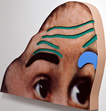 Raised Eyebrows/ Furrowed Foreheads: (Black and Blue Eyebrows), 2008. Three dimensional archival print, laminated with lexan and mounted on shaped form with acrylic paint, 57 3/4 x 102 x 6 3/4 inches. © John Baldessari, courtesy Marian Goodman Gallery, New York.