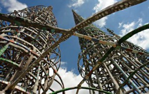 The Watts Towers, view of 99-foot tower, which contains the longest slender reinforced concrete column in the world. Courtesy www.wattstowers.us