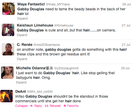 Some of the tweets regarding Gabrielle Douglas' hair after her gold winning Olympics performance.