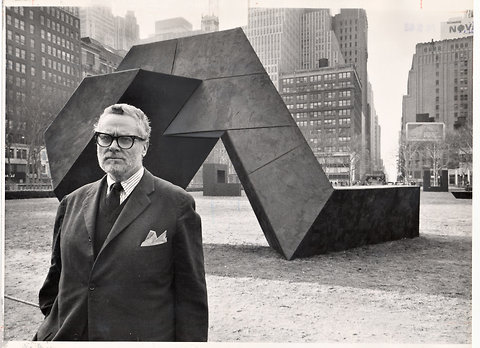 Tony Smith with his sculpture “The Snake Is Out” in Bryant Park in 1967. Photo from the New York Times.