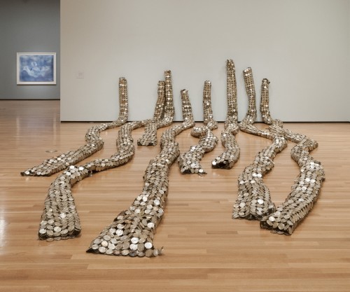 El Anatsui. Drainpipe, 2010. Tin and copper wire, installation at the Akron Art Museum, dimensions variable. Courtesy of the artist and Jack Shainman Gallery, New York. Photograph by Andrew McAllister, courtesy of the Akron Art Museum