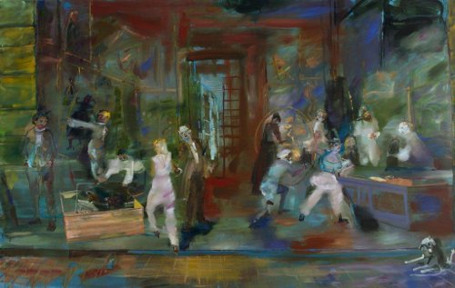 Angela Dufresne. "Shopswine with Hairstyles and Art Storage," 2011. Oil on canvas, 84 x 32 in. Courtesy the artist.