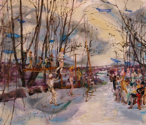 Angela Dufresne, "Winter Salon with Rope Walker Barbara," 2012. Oil on canvas, 24 x 28 in. Courtesy the artist.
