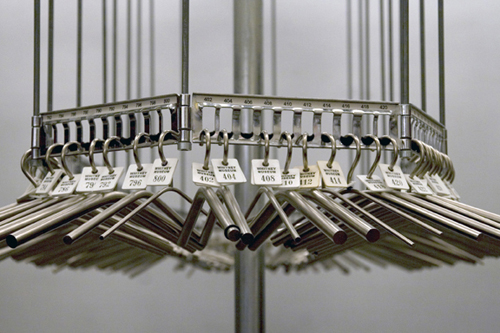Coat Check Chimes, 2008, nickel-plated aluminum and steel, dimensions variable. Installation view, 2008 Whitney Biennial.Photo: Joanne Kim