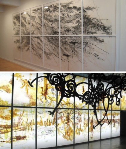 Top: Julie Mehretu. "Auguries," 2010. Courtesy John Berggruen Gallery; Bottom: Matthew Ritchie. "Proposition Player," 2003. Courtesy Andrea Rosen Gallery.