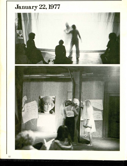 Barbara T. Smith. Documentation of "Ordinary Life" A Performance Exchange in two parts between a studio in Venice as part of  Los Angeles Institute of Contemporary Art, and 80 Langton Street, San Francisco, January 22, 1977 & March 12, 1977.  "High Performance," Volume I, Issue I, January 1978.  Courtesy of Barbara T. Smith. 