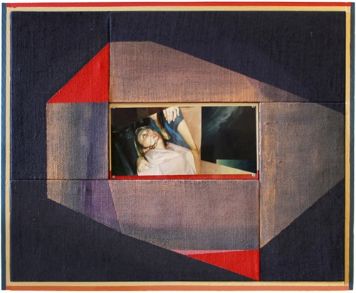 Jen Schwarting, “Image Search (Drunk Girls) #6,” 2012. Wood, burlap, paint, collage, plexi-glass. 29 x 23 in. Courtesy the artist.