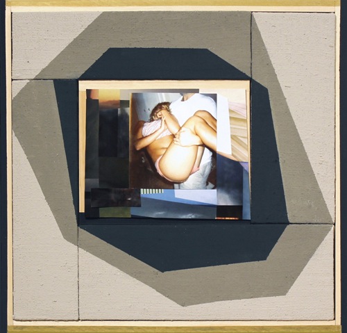 Jen Schwarting, “Image Search (Drunk Girls) #2,” 2012. Wood, burlap, paint, collage, plexi-glass. 27” x 23”. Courtesy the artist.