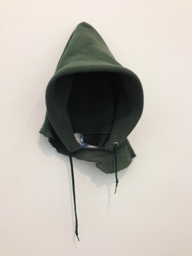 David Hammons, "In the Hood," 1993. Athletic sweatshirt hood with wire. Courtesy The New Museum and Connie and Jack Tilton, New York 