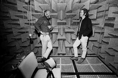 James Turrell (left) and Robert Irwin (right) in the anechoic chamber during their collaboration with Garrett Corporation. Courtesy Los Angeles County Museum of Art.