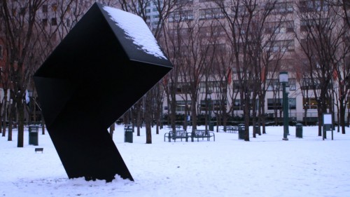 Erin Shirreff, "Sculpture for Snow" (2011), installed at MetroTech Commons in Downtown Brooklyn as part of the Public Art Fund exhibition, "A Promise Is a Cloud," 2011. Production still from the "New York Close Up" film, "Erin Shirreff & Tony Smith Go Way Back." © Art21, Inc. 2013.
