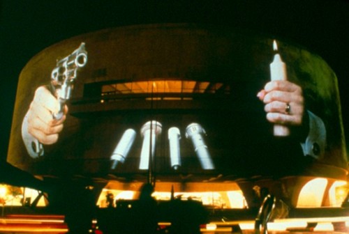 Krzysztof Wodiczko. "Hirshhorn Projection," 1988-2000. Public projection: Hirshhorn Museum and Sculpture Garden, Washington, D.C. Courtesy the artist and Galerie Lelong.