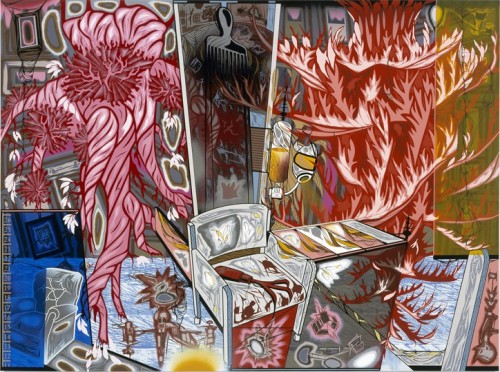 Lari Pittman, Untitled #11, 2003. Matte oil, aerosol lacquer, and Cel-Vinyl on gessoed canvas, 76 x 102 inches. Courtesy Regen Projects, Los Angeles, and Thomas Dane Gallery, London © Lari Pittman.