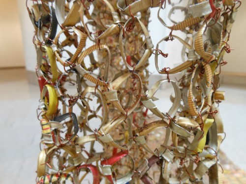El Anatsui. "Gli (Wall) (detail)," 2010. Aluminum and copper wire, installation at the Brooklyn Museum, dimensions variable. Courtesy of the artist and Jack Shainman Gallery, New York. Photo by Nettrice Gaskins.
