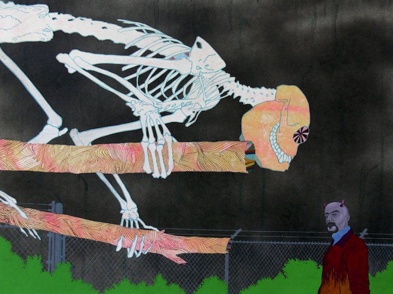 Basim Magdy, The Night the Devil Had a Nightmare, 2007, spray paint, gouache, acrylic, collage on paper; 38 x 51 cm. Courtesy Newman Popiashvili Gallery, New York.