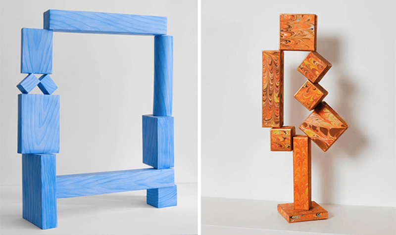 Lauren Clay. Cloud on single-mindedness, 2012, paper, acrylic, 30 by 24 by 12 inches. Right: Lauren Clay No side to fall into, 2012, acrylic, paper, wooden armature, 18 1/2 x 7 x 3 inches. Courtesy the artist