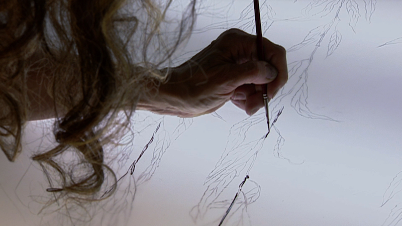 Artist Kiki Smith making wallpaper at The Fabric Workshop and Museum in Philadelphia, Pennsylvania. Production still from the series Exclusive. © Art21, Inc. 2013. Cinematography by Tom Hurwitz