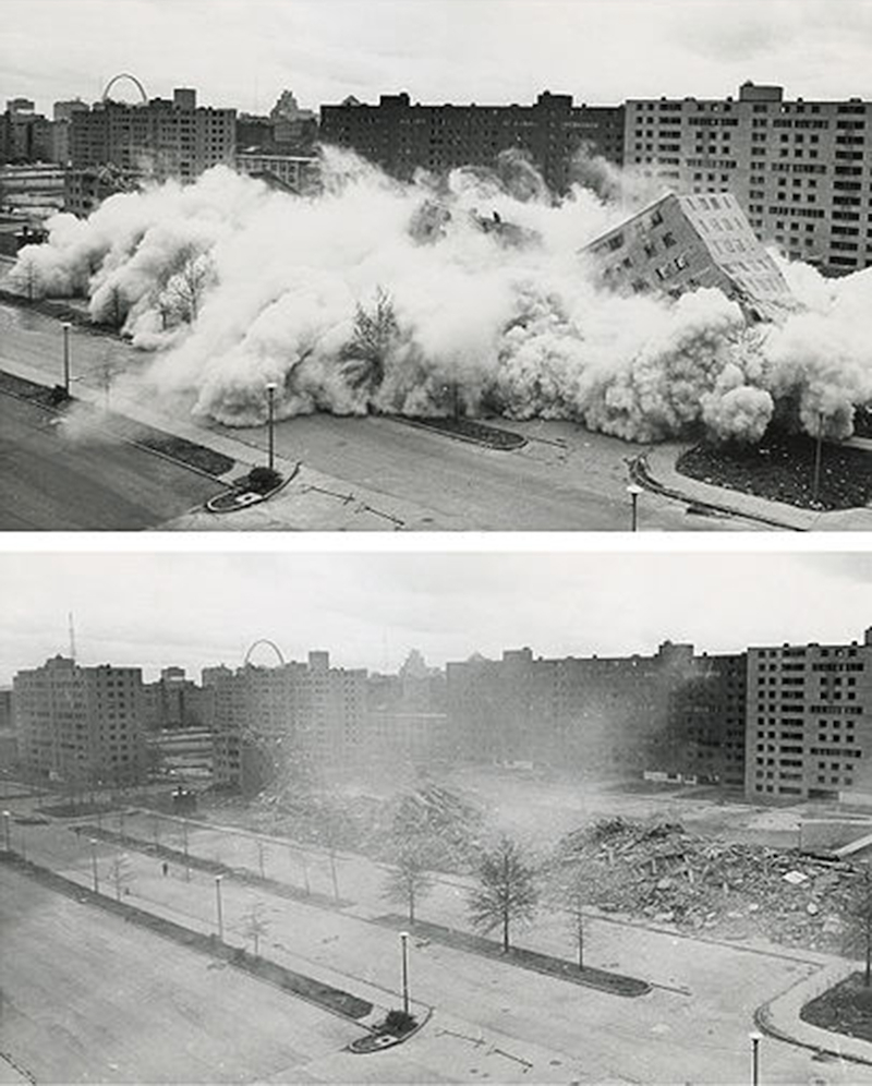 Demolition of the Pruitt-Igoe housing complex in St. Louis, Missouri, 1972. Photo: US Department of Housing and Urban Development