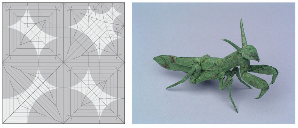 Robert Lang, "Praying Mantis," opus 416. Medium: One uncut square of paper. Composed: 2002. Folded: 2002. Size: 4 inches. Diagrams: Origami Insects II. Crease Pattern shown at left.