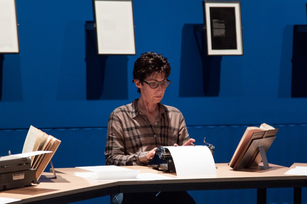 Susan Silton retypes "The Grapes of Wrath" as part of "In Everything There Is the Trace" at the USC Fisher Museum of Art, 2013. Photo: Alexandra Brown.