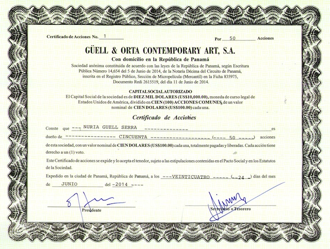 Núria Güell, in collaboration with Levi Orta. Arte Politico Degenerado, 2014 (detail: Núria Güells stock certificate). 