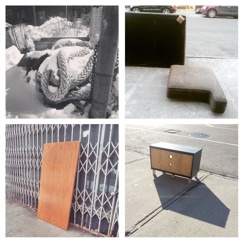 From the photo series Unmonumental, 2008–present: (top left) N. 14th Street; (top right) Couch Potato, Manhattan Ave.; (bottom right) Banker St., New Year’s Day; (bottom left) Friday, Greenpoint. All images 2015.