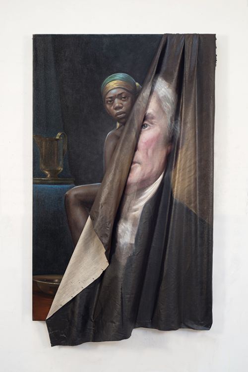 Titus Kaphar. "Behind the Myth of Benevolence," 2014. Oil on canvas, 59 x 34 x 6 inches. Courtesy the artist and Jack Shainman Gallery, New York ©Titus Kaphar.