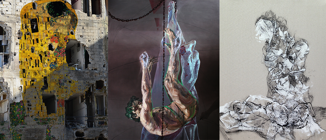 From left to right: Tammam Azzam's Syrian Museum: Gustav Klimt's The Kiss (Freedom Graffiti), archival print, 2013; Sara Shamma's Untitled, oil and acrylic on canvas, 2014; Kevork Mourad's The Last Prayer, acrylic on paper, 2014.