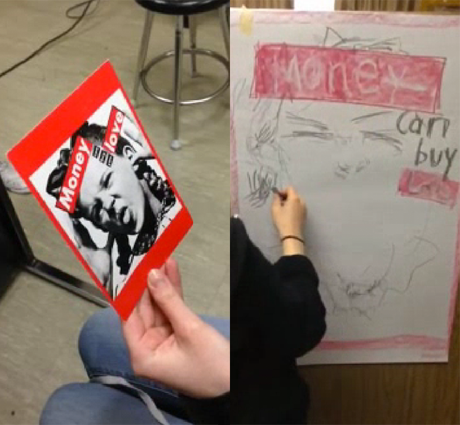 Students dictating and drawing Barbara Kruger's Untitled (Money can buy you love), 1985.