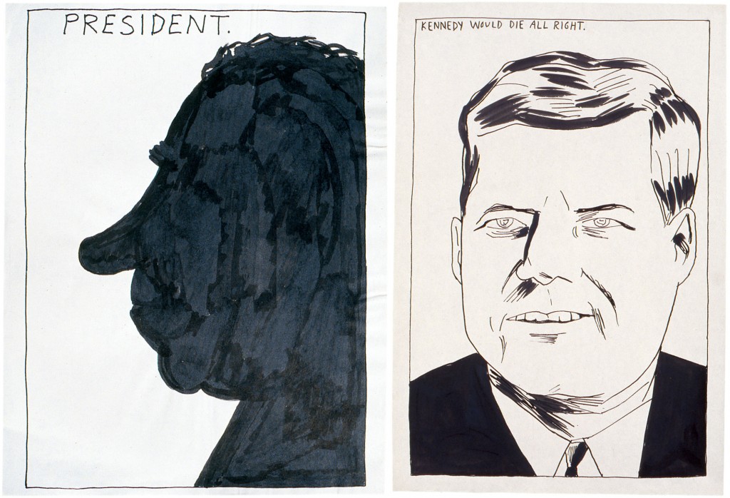 Left: “No Title (President.),” 1985. Right: “No Title (Kennedy would die …),” 1987. Courtesy of David Zwirner Books.