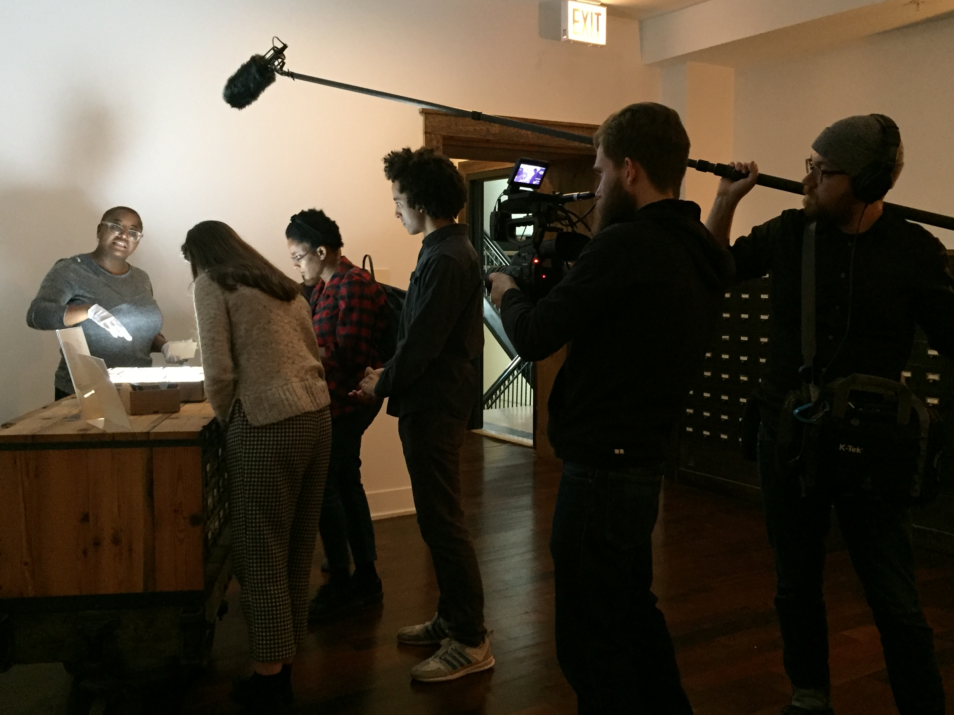 ART21 filming at Theaster Gates’s Stony Island Arts Bank in Chicago, USA, 2016. Behind the scenes of ART21’s series Art in the Twenty-First Century, Season 8, 2016. Photo: Brian Ashby. © ART21, Inc. 2016.