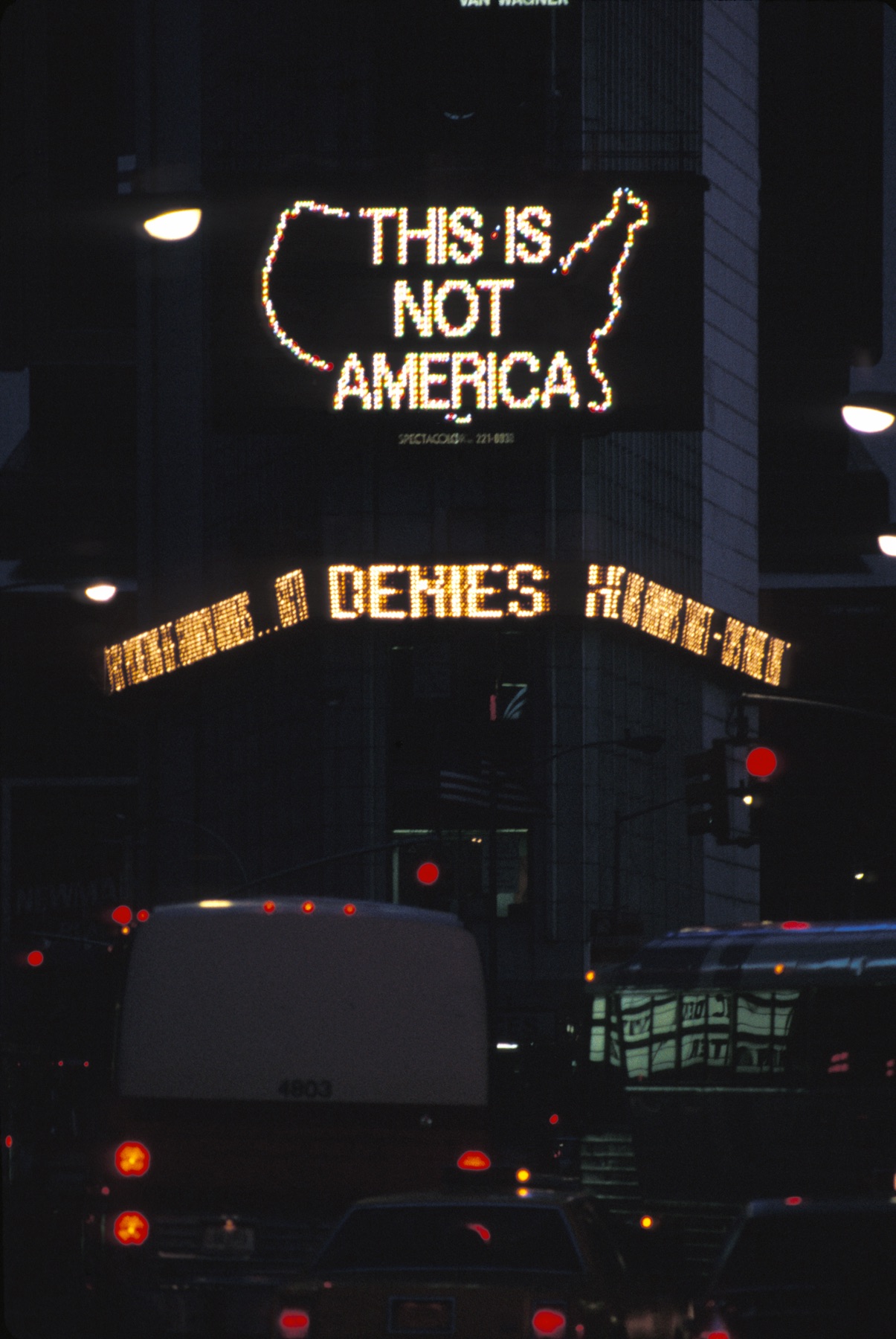 Alfredo Jaar. A Logo for America, 1987-2014. Public intervention. Digital animation commissioned by The Public Art Fund for Spectacolor sign, Times Square, New York, April 1987. Courtesy of the artist and Times Square Alliance, New York.