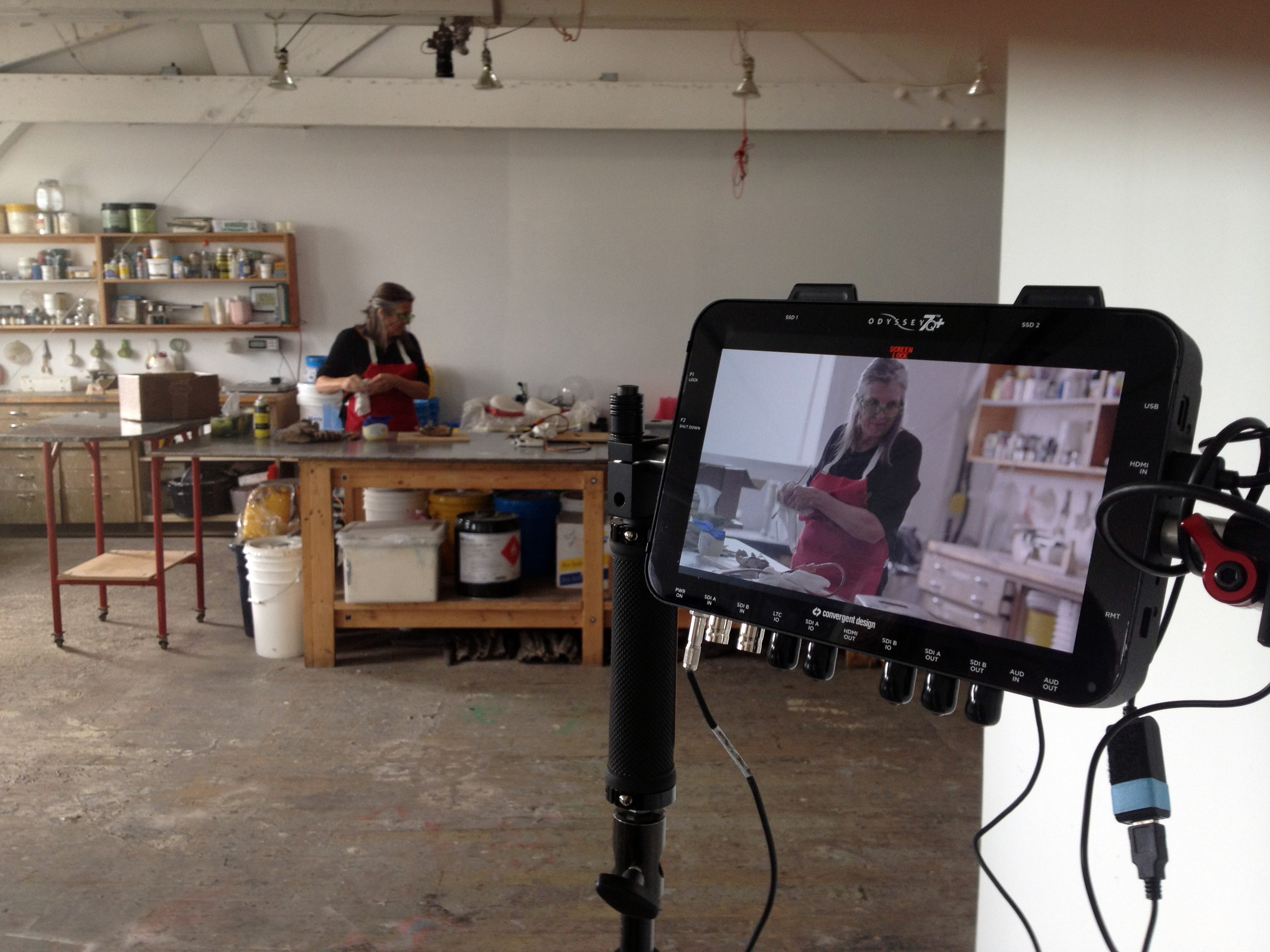 ART21 filming Liz Magor in her studio in Vancouver, Canada, 2015. Behind the scenes of ART21’s series Art in the Twenty-First Century, Season 8, 2016. Photo: Wesley Miller. © ART21, Inc. 2016.